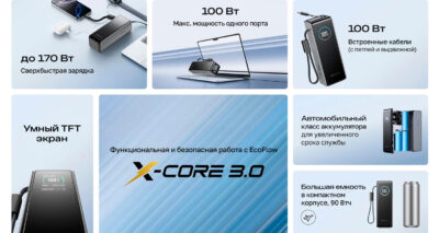 Повербанк ECOFLOW RAPID 25k черный (25 000 мАч, 170 Вт, со встроенным и выдвижным кабелями 100 Вт)